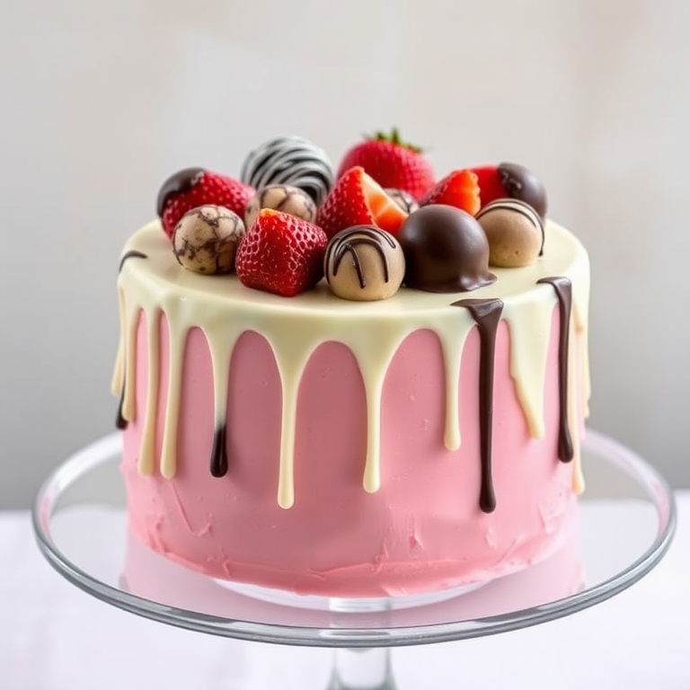 A beautifully decorated cake with pink frosting and a white chocolate drip, topped with assorted strawberries and chocolate-covered treats, displayed on a glass cake stand with a soft blurred background.