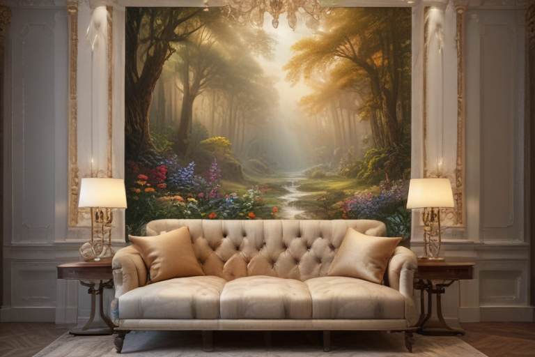 Elegant Living Room with a Serene Forest Mural and Cozy Sofa