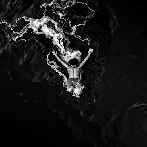 A high-contrast black and white photograph of a male figure diving into dark water from an aerial perspective, using a Canon EOS R5 with a 24-70mm f/2.8 lens at f/2.8, ISO 100, shutter speed 1/1000s, natural light for enhanced clarity and detail.