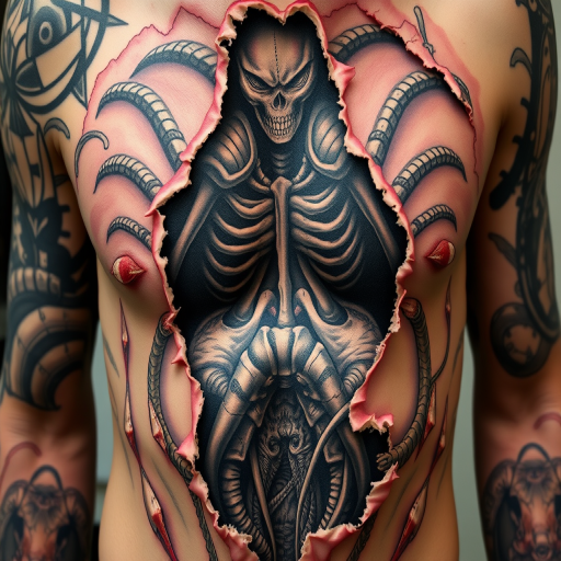 Horror-themed biomechanical tattoo revealing grotesque alien anatomy beneath torn flesh, incorporating elements of H.R. Giger's artwork for a disturbing and fascinating effect