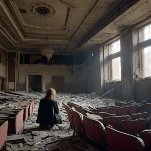 Old abandoned theater, with broken seats and torn curtains, a woman with a camera carefully steps through the debris, capturing the decaying beauty of the forgotten space.