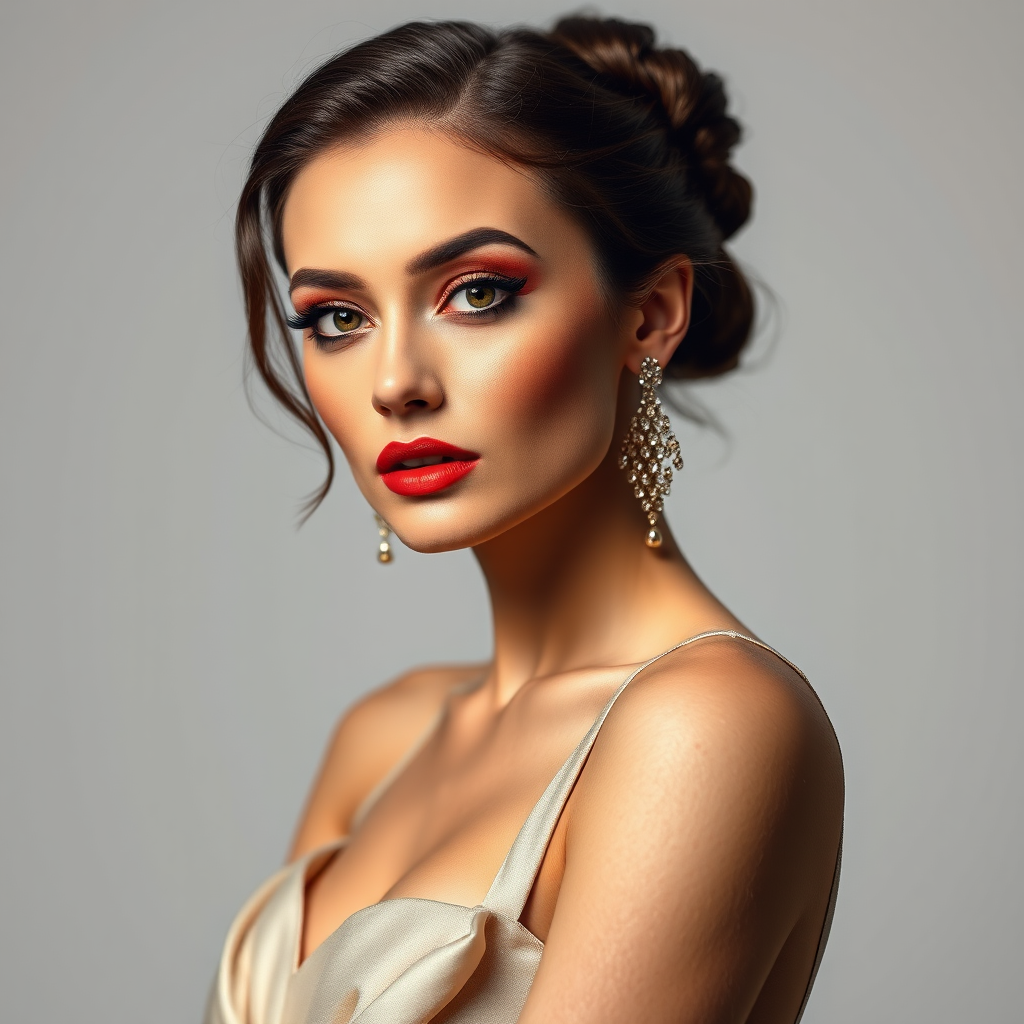 Studio portrait, female model, elegant couture dress, bold makeup, dramatic lighting, Shoot over the shoulder using a telephoto lens to focus on small details like jewelry, makeup, or fabric textures