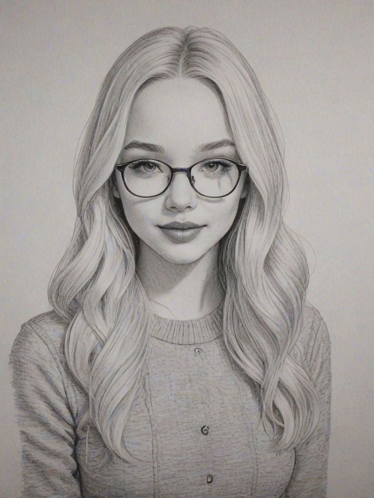 Magnificent Dove Cameron, pencil sketch, portrait of Lovely woman 1973s in glasses, hair style beatnik, outline, clear lines, fine lines, 8k