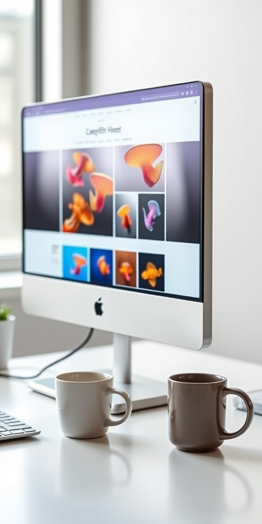 Render a modern office scene featuring a sleek computer monitor displaying vibrant jellyfish images on a website, accompanied by a stylish coffee mug on a clean desk, captured with a Canon EOS 5D Mark IV, 50mm lens, f/1.8 aperture, ISO 100, natural lighting, with a slight depth of field for enhanced focus on the objects.