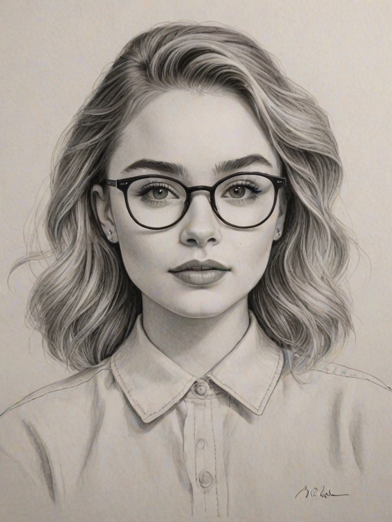 Attractive Sabrina Carpenter, pencil sketch, portrait of Attractive woman 1952s in glasses, hair style beatnik, outline, clear lines, fine lines, 8k