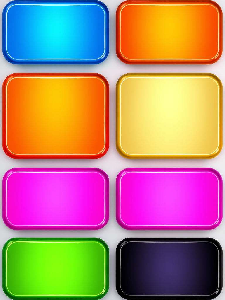 Create a vibrant digital image of eight glossy rectangular buttons in a grid layout, each button featuring a different solid color: blue, orange, yellow, green, red, pink, purple, and black, with soft gradients and highlights to enhance depth, shot using a high-resolution digital camera at f/4 aperture, ISO 100, 1/125 sec shutter speed, with a 50mm lens from a straight-on view and soft lighting to ensure clarity and vibrancy.