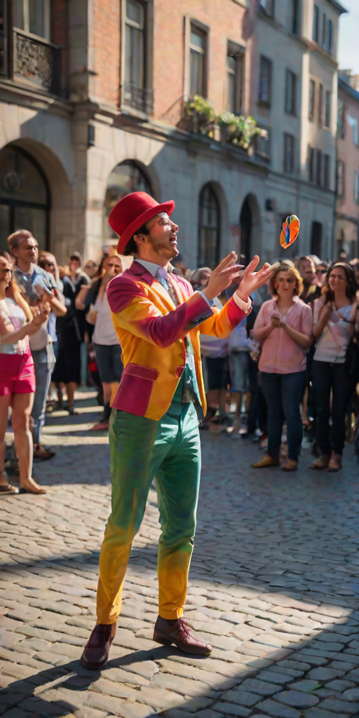 Blurry action shot of a lively street performance in a bustling city square, with a juggler in colorful attire entertaining a captivated audience, the sun casting dynamic shadows on the cobblestones.