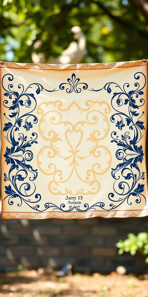 Create a vintage decorative banner with intricate floral and scroll designs on either side, in high resolution, taken with a DSLR camera at f/8 aperture, 50mm lens, with natural lighting and a shallow depth of field for a soft background blur.