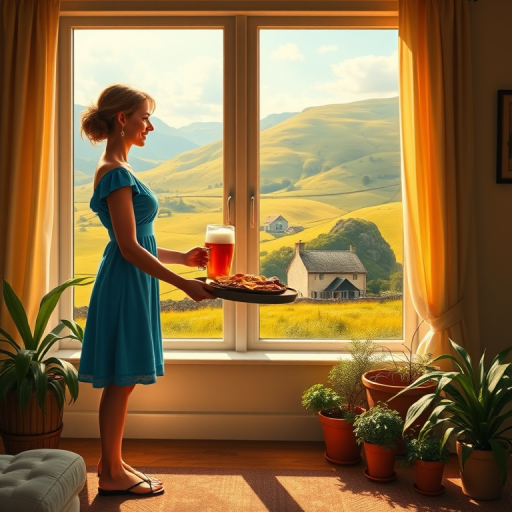In "A Glass of Beer on the Highland," a serene scene is depicted in a sunlit room where a woman in a vibrant blue dress stands by a large window. She holds a tray with a hearty meal and a frothy glass of beer, embodying a moment of relaxation. Outside, the breathtaking highland landscape features rolling green hills and a charming traditional house, all bathed in warm afternoon light. The interior is adorned with potted plants, creating a harmonious blend of comfort and nature. The painting beautifully captures the tranquility and joy found in simple pleasures amidst stunning scenery