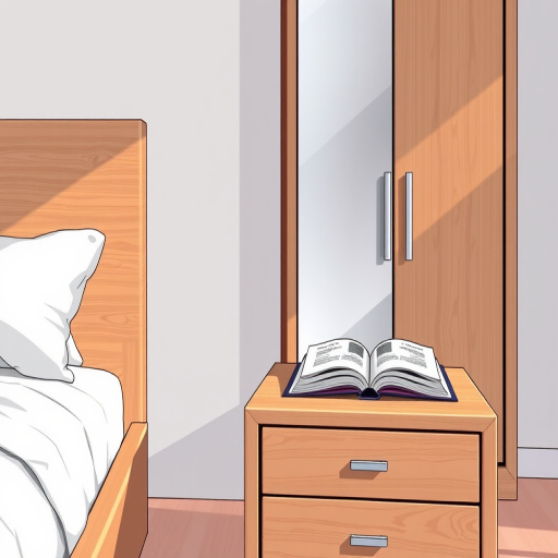 Create a modern illustration of a wooden bedside table with two drawers and an open book on top, beside a sleek wardrobe with a full-length mirror, using a high-resolution digital tablet, 4K resolution, wide-angle view, vibrant color palette, and soft lighting effects to enhance the image quality.