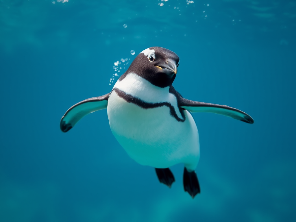 A penguin swimming gracefully in clear blue water, captured with a Canon EOS 5D Mark IV, ISO 400, f/4, 1/250 sec, using a wide-angle lens from a low angle to emphasize movement and clarity.