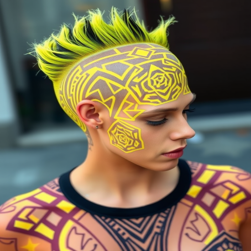 Edgy neon yellow buzz cut with intricate geometric patterns, showcasing bold individuality and avant-garde style