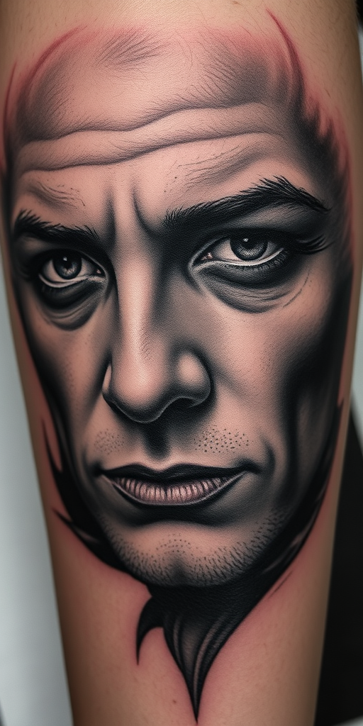 Photorealistic grayscale portrait tattoo titled "Timeless Gaze" showcasing incredible detail and shading to recreate a lifelike human face with piercing eyes and subtle facial expressions, utilizing various techniques such as stippling and cross-hatching to achieve a three-dimensional effect that seems to come alive on the skin, creating a striking and deeply personal piece of art