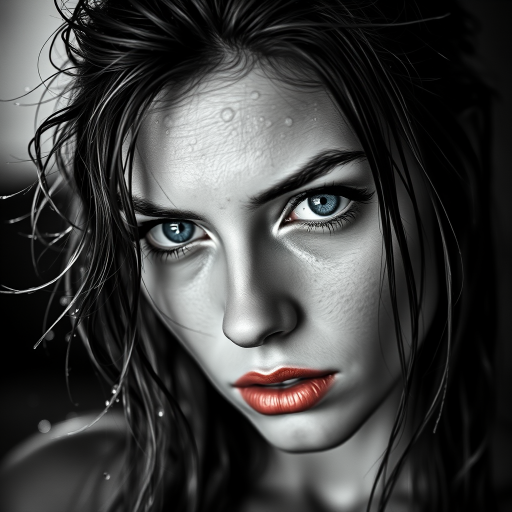 a striking portrait in the style of black-and-white photography, dramatic high-contrast lighting eloquently tracing the intricate details of hand-drawn pen strokes, a beautiful Nordic woman tousled hair and shining, focus on blue eyes and red lips, radiating with intensity portrait that highlights her dark , wet, . The monochromatic statement features her pale skin colored by tiny beads of sweat and water droplets, showcasing a hyper-detailed composition that focuses entirely on her unforgettable face. The stylized composition basks in atmosphere and mystery, created by the powerful, piercing gaze of the water-driven Nordic woman as she commands an intense and mesmerizing aura within the limited frame. Composed to evoke a sense of nostalgic wonder, this portrait perfectly captures the essence of a bygone era.