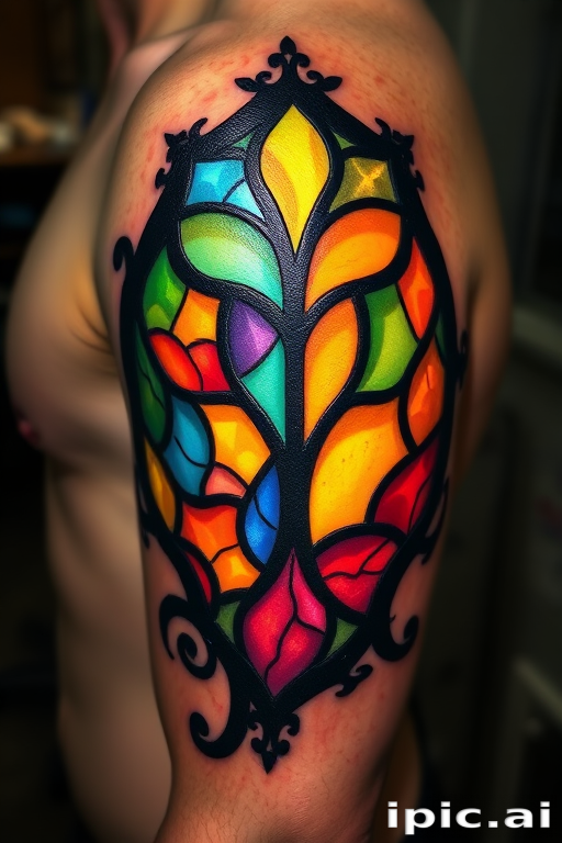 Stained glass tattoo titled "Luminous Fragments" featuring bold black outlines filled with vibrant translucent colors mimicking the look of stained glass windows with intricate details and a play of light and shadow