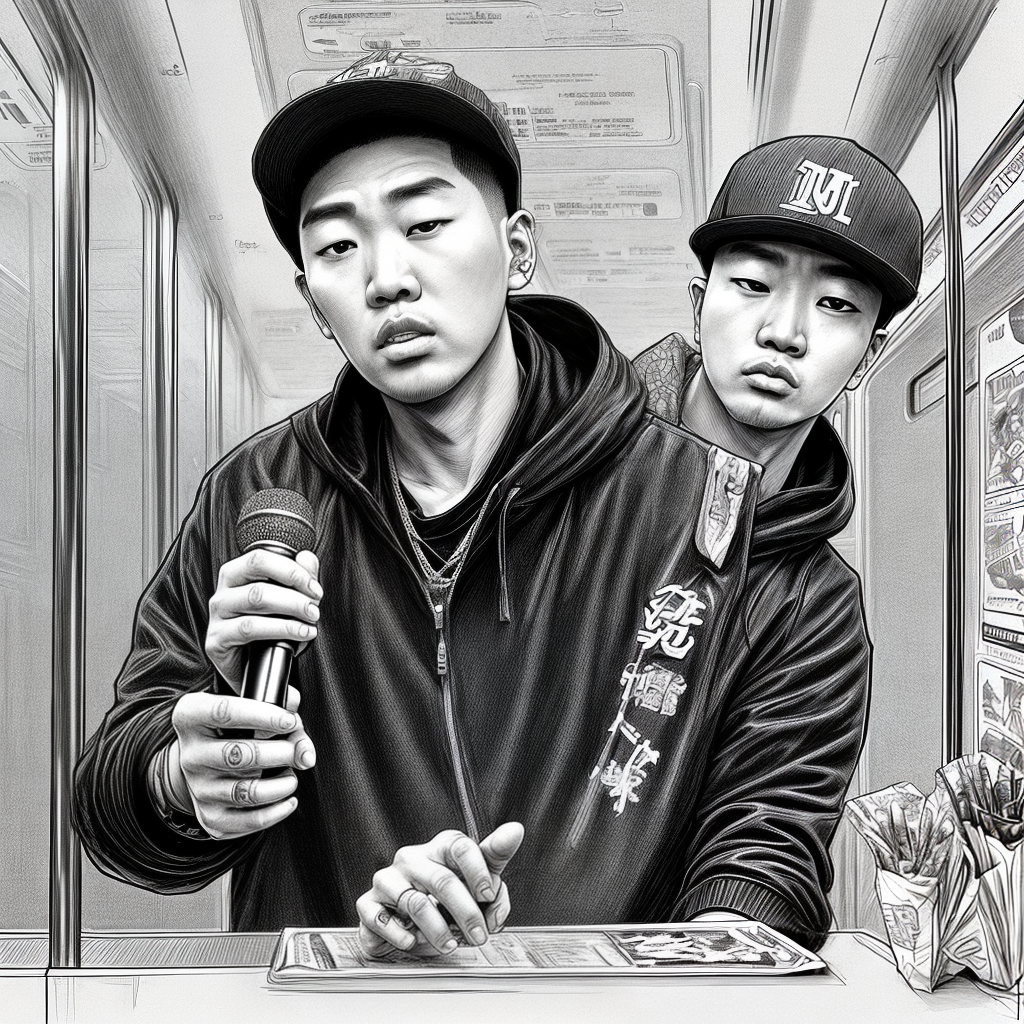 Cartoon Asian Rapper The ASIAN rapper wants to pick up a microphone in the subway train ...