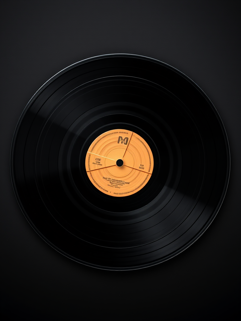 create a high-quality image of a vintage vinyl record on a black background with a top-down view, using a DSLR camera set to aperture f/4, shutter speed 1/125s, ISO 100, and standard lens for optimal sharpness and detail.