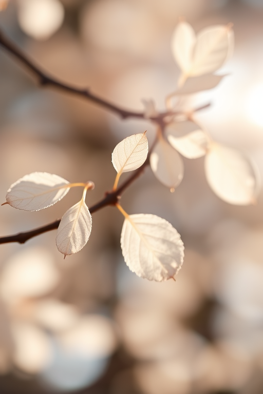 capture a close-up of delicate pale leaves on a branch with soft sunlight filtering through, using a DSLR camera with a 50mm lens, aperture f/1.8, shutter speed 1/200s, ISO 200, natural bokeh background, focus on the leaves, macro photography style