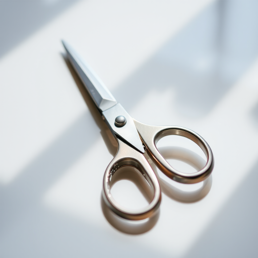 Regenerate a high-quality image of a pair of scissors with a clean, reflective surface, using a DSLR camera with a 50mm lens at f/2.8, focus on the scissors in the center, with soft natural lighting to enhance details and reduce shadows.