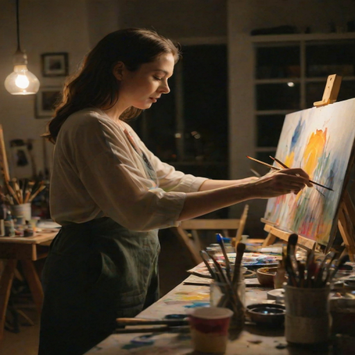 Blurry candid shot of a woman painting in her art studio at night, soft light from a desk lamp casting long shadows on the canvas, with paint tubes and brushes scattered on a nearby table.