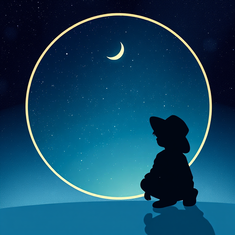 Create an illustration of a child in a black silhouette, wearing a hat, kneeling beside a circular portal reflecting a starry night sky with a crescent moon, captured with a Canon EOS R5, 35mm lens, f/1.8 aperture, ISO 100, using a low angle perspective and soft focus for a dreamy effect.