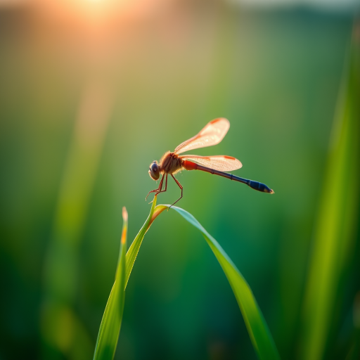 Softly focused close-up of a dragonfly resting on a blade of grass at dawn, soft morning light catching the delicate wings, with vibrant green and blue hues in the background blending into a peaceful atmosphere.