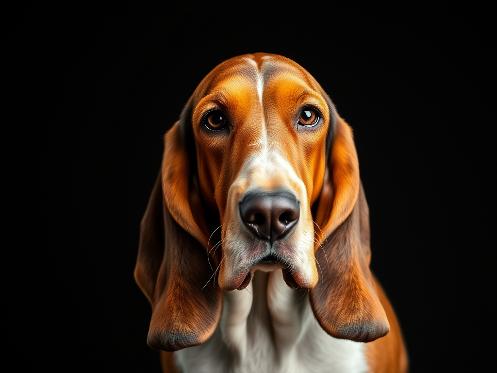 regenerate an image of a basset hound with long ears and a sad expression against a black background