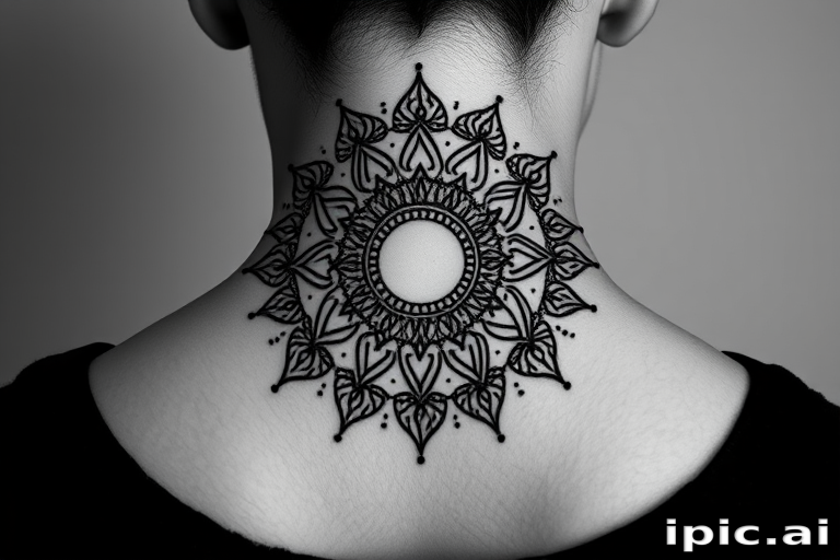 Dotwork mandala sun and moon design on back of neck, intricate patterns created entirely with tiny dots, gradient effect from black to gray