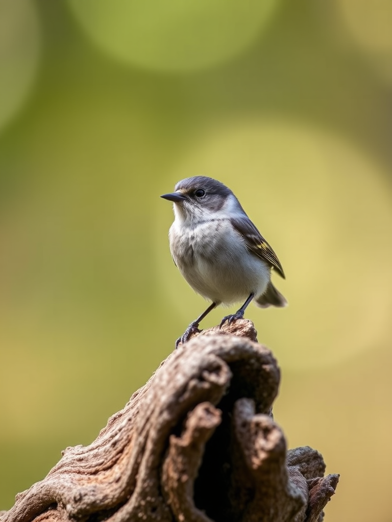 A small bird perched on a weathered log, soft bokeh background, natural light, f/4 aperture, 1/200 sec shutter speed, ISO 400, macro lens, DSLR camera.