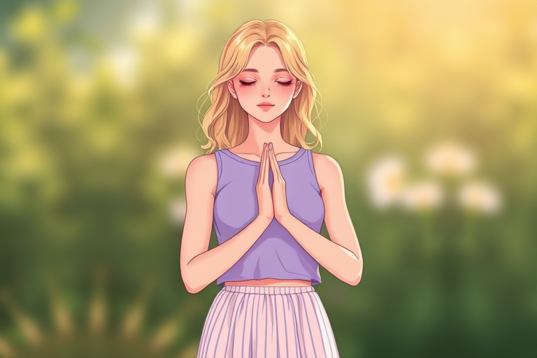 Create a digital illustration of a woman with light blonde hair in a relaxed pose with hands together in prayer, wearing a lavender sleeveless top and a light striped skirt, soft lighting, depth of field, high-resolution, using a DSLR camera with a 50mm lens at f/1.8 for a natural, artistic style.