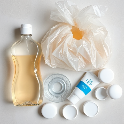 Regenerate an image featuring a transparent bottle of dish soap, a crumpled plastic grocery bag, a clear plastic cup filled with liquid, a tube of cream, and several bottle caps, using a high-resolution camera with a 50mm lens, f/1.8 aperture, and 1/125 sec shutter speed, shot from a top-down perspective with natural lighting to enhance details and clarity.