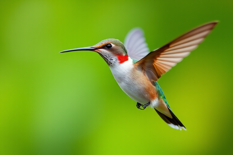 Photograph a hummingbird in mid-flight with a blurred green background, using a Canon EOS 5D Mark IV, 85mm lens, f/2.8 aperture, ISO 400, shutter speed 1/2000s, focusing on the details of its feathers, captured from a slightly low angle for a dynamic perspective.