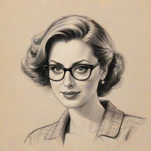 Alluring Eva Amurri Martino, pencil sketch, portrait of Splendid woman 1951s in glasses, hair style beatnik, outline, clear lines, fine lines, 8k