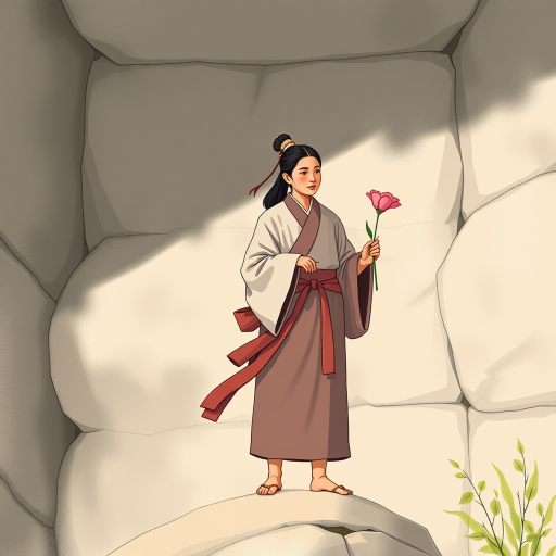 Create an illustration of a historical figure holding a flower while standing on a rock, dressed in traditional attire, using a Canon EOS R5, 50mm lens, f/1.8 aperture, 1/200s shutter speed, natural light, focus on details and textures.