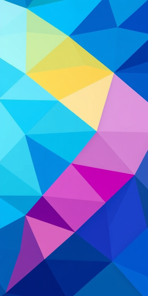 Create a vibrant geometric pattern with various shades of blue triangles, shot with a Canon EOS R5 at f/8, ISO 100, and a 35mm lens in a top-down view for enhanced depth and clarity.