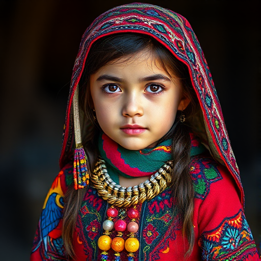 A beautiful Afghan girl, wearing colorful bird clothing with vibrant colors