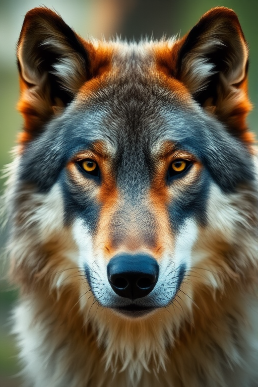 Regenerate the image of a wolf's face with a geometric art style, using a DSLR camera with a 50mm lens at f/2.8, 1/200s, ISO 100, in natural daylight with a focus on sharp details and vibrant colors.