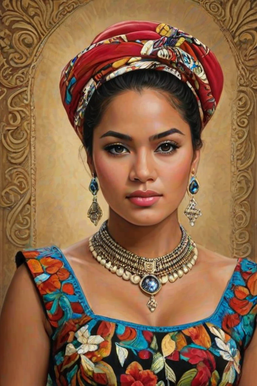 Create a portrait of a beautiful Tongan woman with striking black eyes and a gentle expression. She is adorned in traditional attire with intricate patterns, including a richly embroidered headscarf and matching garments. Her jewelry includes a delicate headpiece, dangling earrings, and ornate bracelets, all featuring vibrant gemstones and detailed metalwork. The background is soft and warm, enhancing the rich colors of her outfit and jewelry.