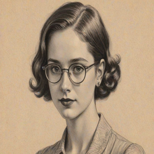 Beauteous Molly Gordon, pencil sketch, portrait of Magnificent woman 1928s in glasses, hair style beatnik, outline, clear lines, fine lines, 8k