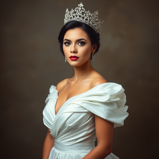 Create an elegant portrait of a woman wearing a flowing white gown and a decorative crown, captured with a DSLR camera at f/2.8, 1/125s, ISO 100, with a soft-focus background using a 50mm lens from a slightly low angle to enhance her stature and elegance.