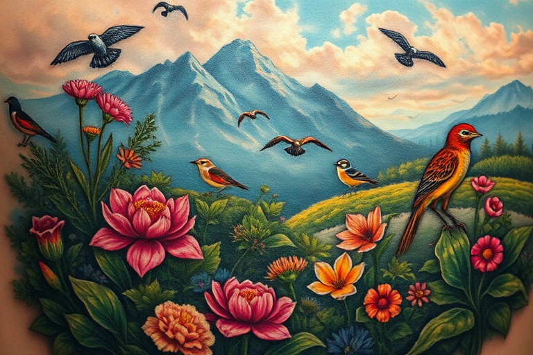 Realism color tattoo titled "Nature's Canvas" showcasing a hyper-realistic landscape scene with vibrant flora and fauna, utilizing advanced color theory and shading techniques for lifelike depth