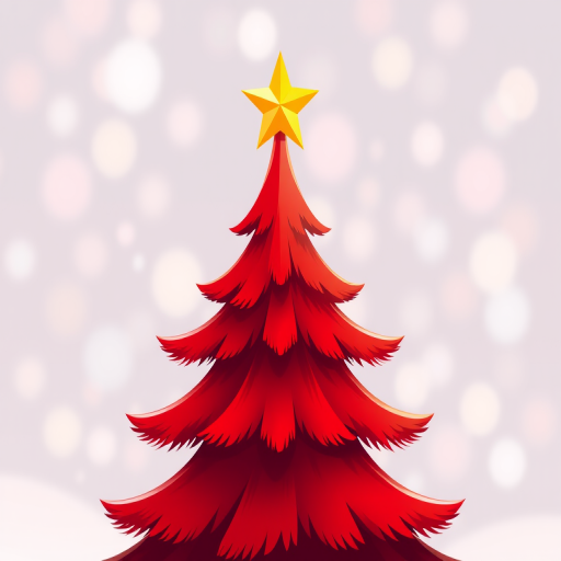 Create a vibrant digital illustration of a stylized red Christmas tree with a golden star on top, using a high-resolution setting of 300 DPI, taken from a slightly elevated angle, with a soft-focus background to enhance depth, in a modern vector art style.