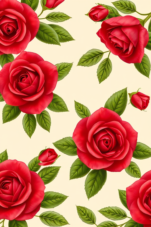 floral pattern of red roses with green leaves on a soft cream background, macro photography, aperture f/2.8, shutter speed 1/125s, ISO 100, DSLR camera