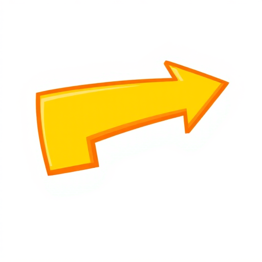 Create an illustration of a vibrant cartoonish yellow arrow pointing to the right, with a thick orange outline, captured with a high-resolution digital camera, 50mm lens, f/2.8 aperture, in natural light to enhance color saturation and clarity.