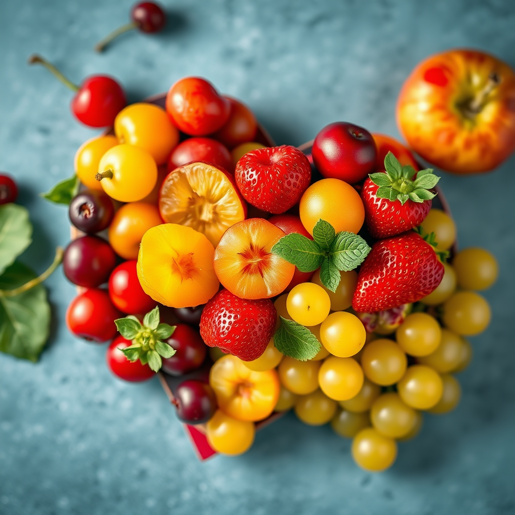 create an image of a heart shape filled with colorful fruits like cherries, strawberries, and grapes, using a Nikon D850 camera, 50mm lens, f/1.8 aperture, ISO 100, and a shallow depth of field for enhanced detail and vibrant colors, top-down view, soft natural lighting.