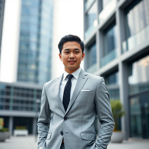 portrait of a young Asian businessman in a light gray suit standing confidently outdoors with a modern urban background, shallow depth of field, captured with a Canon EOS R5, 85mm f/1.4 lens, ISO 100, aperture f/2.8, soft natural lighting