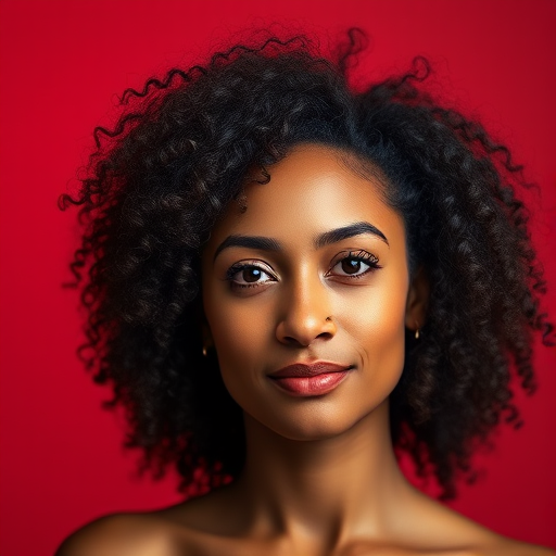 portrait of a woman with natural curly hair against a red background, soft lighting, 85mm lens, f/1.8 aperture, ISO 100, shallow depth of field, studio photography, high-resolution DSLR camera
