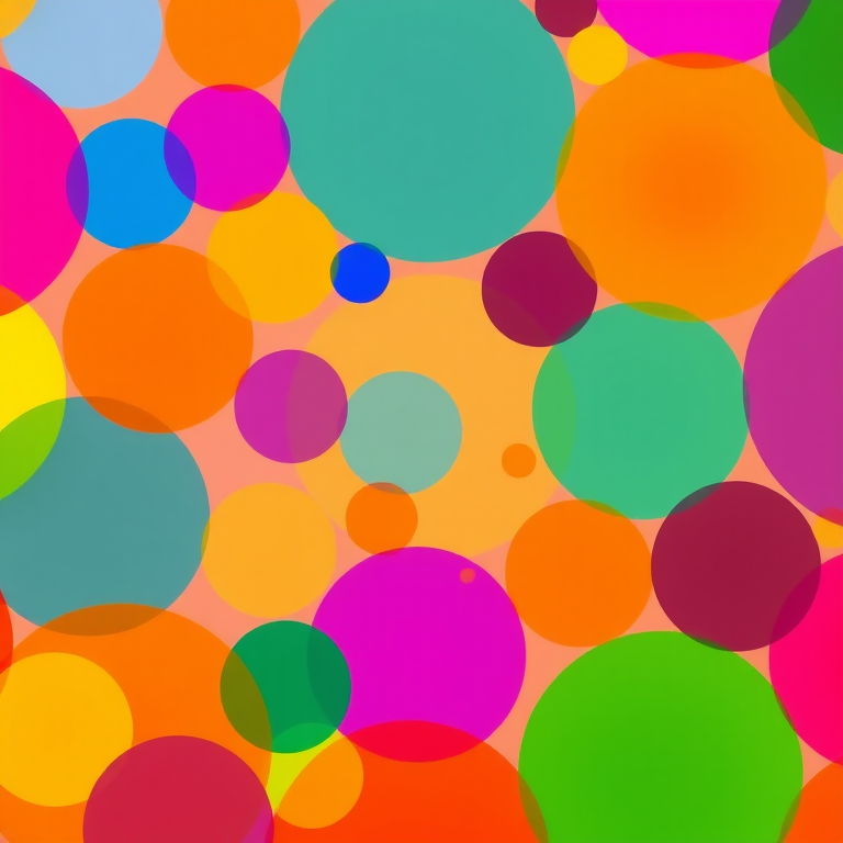 Generate a vibrant, abstract pattern featuring multicolored circles on a lively background, shot with a Canon EOS R5 at f/8, ISO 100, with a 50mm lens in macro style, using a bright and high-contrast color scheme for enhanced clarity.