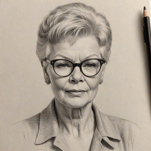 Enchanting Judy Dench, pencil sketch, portrait of Appealing woman 1941s in glasses, hair style beatnik, outline, clear lines, fine lines, 8k