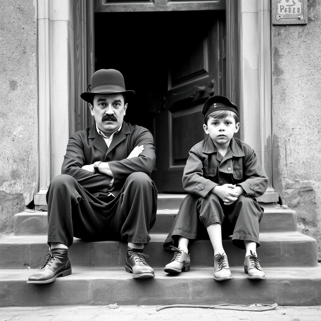 A black-and-white photograph of a man and a child sitting on steps in front of a doorway. The man is dressed as a tramp with a bowler hat, mustache, and ragged clothes, reminiscent of Charlie Chaplin's iconic look. He is sitting with his arms crossed and an expression of slight sadness or frustration. Next to him is a young boy, also in worn clothes and a cap, sitting with his hands clasped, looking thoughtful. The background is an old, textured wall and a partially open door, creating a vintage, early 20th-century atmosphere.